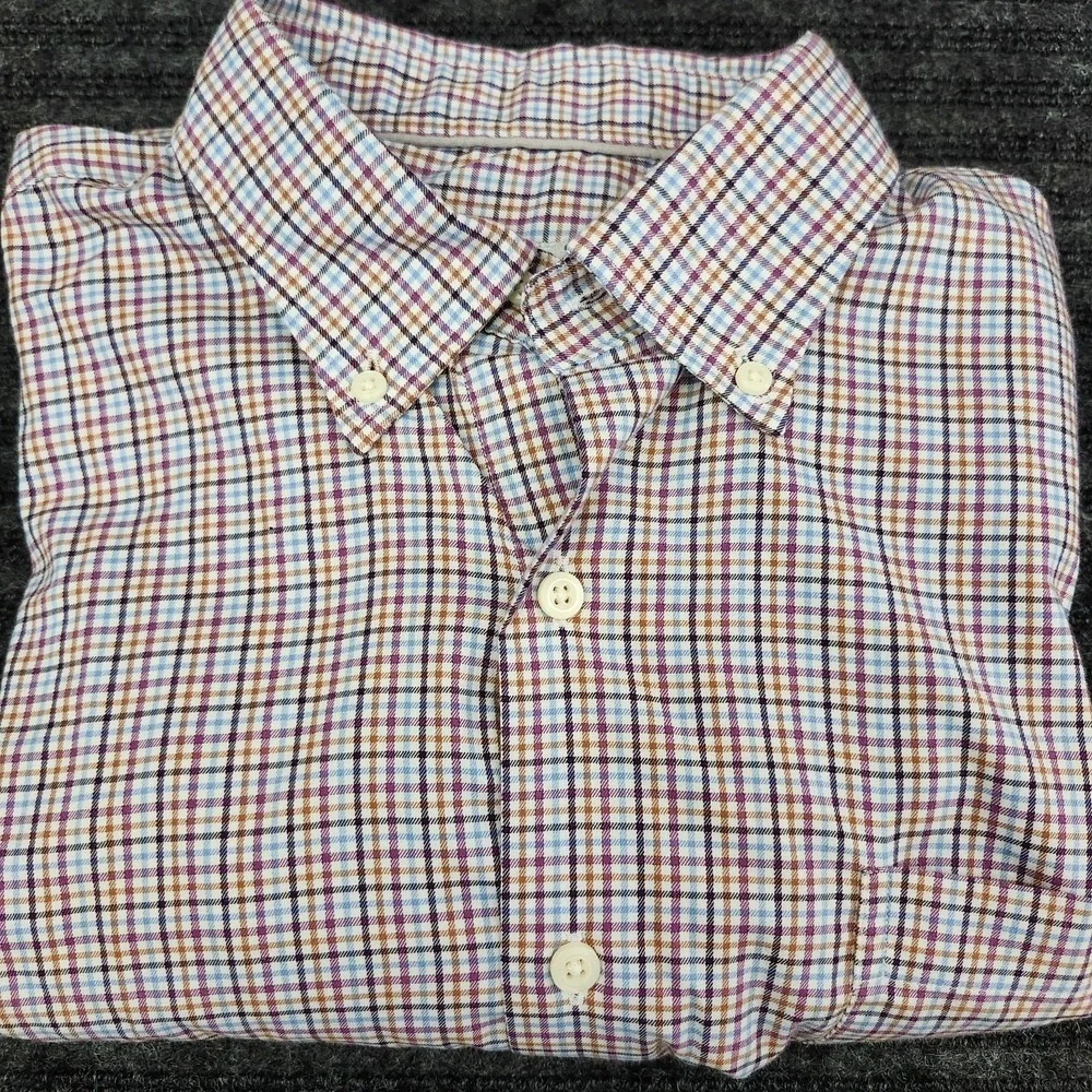 Peter Millar Shirt Adult Large Blue Brown Plaid Button Up Linen Cotton Mens - Picture 10 of 10